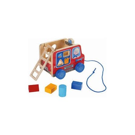 Figurine à tirer et boite à forme camion de pompier Haba